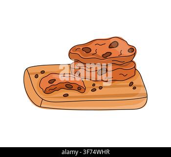Chocolate chip cookies clipart on a wooden serving board for bakery menus, baking projects, dessert recipes. Stock Vector