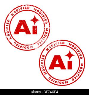 A red rubber stamp indicating AI modified content. This circular seal shows a clear AI modified label to identify images or text created with artifici Stock Vector