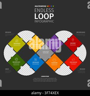 This endless loop infographic template features a dark background. Use this endless loop infographic with colorful diagram sections for your business Stock Vector