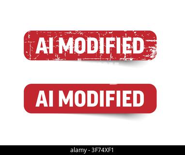 A set of red AI modified labels featuring a weathered rubber stamp effect and a clean sticker. Use this AI modified graphic to mark content created wi Stock Vector
