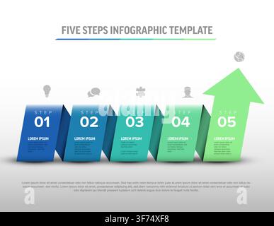Professional infographic template featuring five steps to success. This infographic template uses a rising arrow to visualize growth through five step Stock Vector