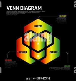 A stylish hexagonal Venn diagram infographic featuring a vibrant color gradient. This Venn diagram is perfect for data visualization, business present Stock Vector