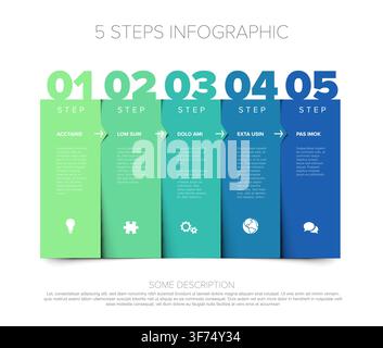 Professional 5 steps infographic featuring a clean business infographic design with five colorful stages. This 5 steps infographic template uses blue Stock Vector
