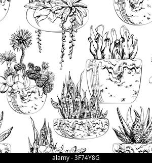 Ornamental rosette succulents, leafy houseplants set in ceramic vessels and rustic raku bowls. Seamless botanical repeat illustrated by hand in vector Stock Vector
