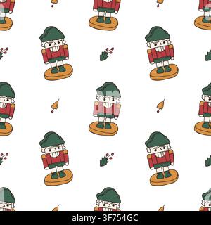 Hand drawn colorful Christmas nutcracker seamless pattern vector doodle illustration Stock Vector
