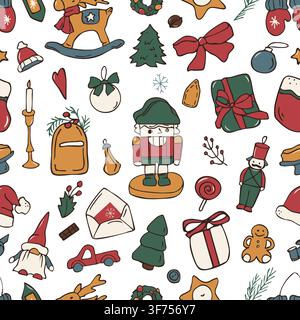 Hand drawn colorful Christmas nutcracker and vintage toys seamless pattern vector doodle illustration Stock Vector
