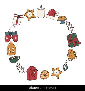 Hand drawn colorful Christmas wreath frame template vector doodle illustration Stock Vector