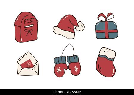 Hand drawn colorful Christmas mail and holiday elements set vector doodle illustration Stock Vector