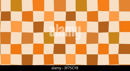 Distorted orange and brown checkerboard seamless vector pattern, Groovy autumn warped plaid background in warm colors for fall kitchen decor and home Stock Vector