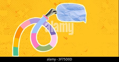 Colorful halftone vector hand holding blue paper speech bubble, Creative art collage graphic element with copy space for social media Stock Vector