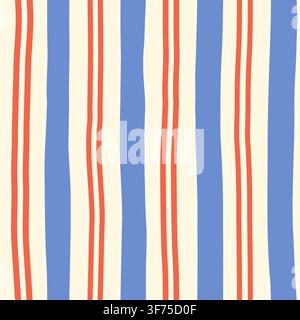 Blue and red organic nautical stripes seamless vector pattern, Irregular stripe background, Retro painted lines for summer clothing designs Stock Vector