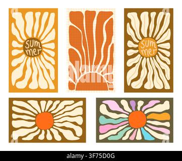 Vector set with boho sun and flower wavy designs, cute abstract summer backgrounds in neutral colors Stock Vector