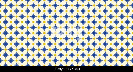 Geometric tile seamless vector pattern in blue and yellow green colors, Mediterranean quatrefoil overlapping circles repeat, Floral motif background f Stock Vector