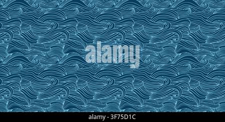 Abstract waves geometric seamless vector pattern, ocean, sea flowing lines in blue for summer swimming designs Stock Vector