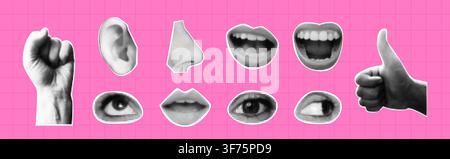 Retro halftone textured collage elements, vintage stickers, surreal cutout. Pop art style dot effect eyes, mouth lips, nose, hands gestures. Stock Vector