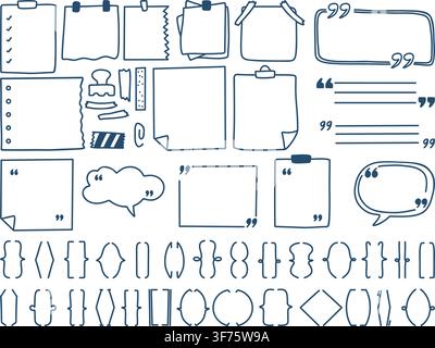 Note Paper and Quote Box Doodle Set. Minimalist Navy Blue Bullet Journal Stickers, Decorative Brackets, Speech Bubbles, and Citation Frames. Isolated Stock Vector