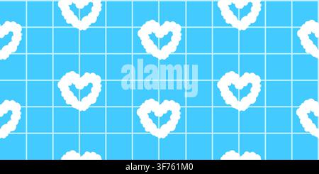 Seamless pattern of white heart-shaped clouds on a blue background with a grid overlay. Whimsical sky background, romantic cover for textiles, wallpap Stock Vector