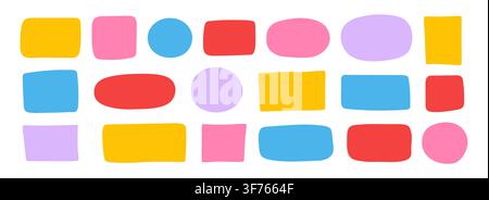 Set of colorful abstract hand-drawn geometric shapes. Irregular circle, oval, rectangle text boxes on white background. Stock Vector