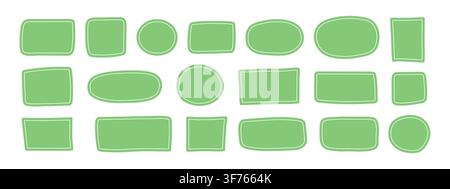 Set of empty green pastel colored text box irregular frames. Hand-Drawn rectangle shapes, circles, geometric forms, doodle shapes, freehand simple ele Stock Vector