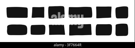 Collection of abstract hand-drawn rectangles shapes in black color. Minimal irregular block elements, doodle forms, empty text boxes with with rough e Stock Vector