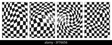 Psychedelic checkered background set. Black and white colored groovy mosaic wallpapers. Optical illusion design for album covers, posters, fashion Stock Vector
