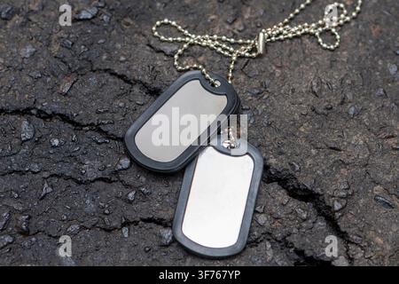 Two blank metal dog tags with a ball chain rest on cracked dark asphalt in a close-up view. Stock Photo