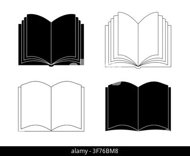 Set of Four Open Book Icons and Book Symbols in Black and White Vector Style. Stock Vector