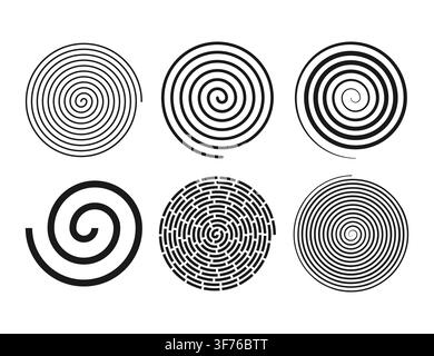 Set of Six Black Spiral and Concentric Circle Designs Abstract Hypnotic Pattern Vector Elements. Stock Vector
