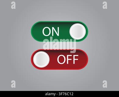 Green On and Red Off Toggle Switch Buttons Set for Interface Controls and Power States. Stock Vector