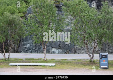Bigbelly solar waste bin owned by Statens vegvesen at a roadside rest area in Norway. Stock Photo