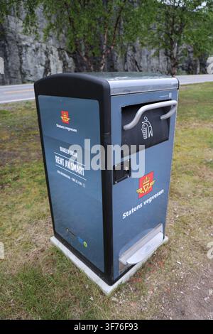 Bigbelly solar waste bin owned by Statens vegvesen at a roadside rest area in Norway. Stock Photo