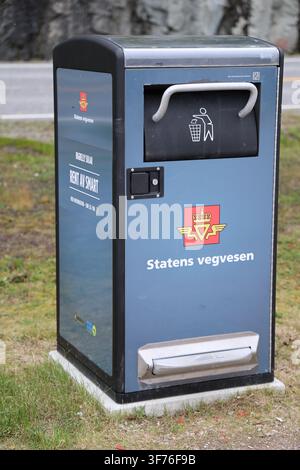 Bigbelly solar waste bin owned by Statens vegvesen at a roadside rest area in Norway. Stock Photo
