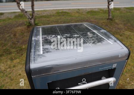 Bigbelly solar waste bin owned by Statens vegvesen at a roadside rest area in Norway. Stock Photo