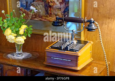An antique multi-button intercom base station with a chrome cradle handset sits on a wooden desk next to yellow roses in a glass vase at Castle Drogo, Stock Photo