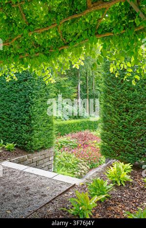 Winding gravel pathway curving through a vibrant herbaceous perennial border and manicured hedges at Castle Drogo in Devon, shot on 25.08.2024. Stock Photo