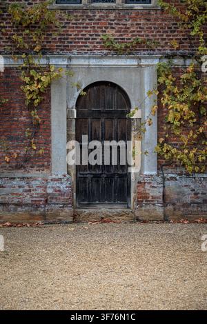 Weathered wooden arched door in historic brick wall with climbing vines Stock Photo