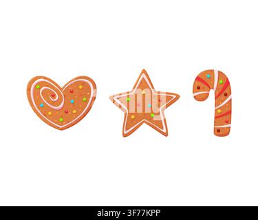 Christmas gingerbread cookies set. Winter Holidays biscuit ginger star, heart and candy. Cute sweet dessert decorated with icing Stock Vector