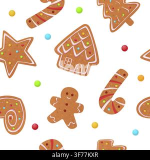Festive seamless pattern with Gingerbread man, tree, house, star, heart and candy. Christmas background with holidays biscuit with icing Stock Vector