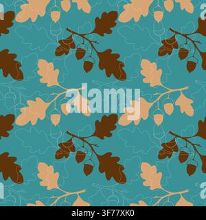 Seamless pattern with oak branches, acorns and leaves in brown, beige and turquoise colors for autumn textile design, wrapping paper, wallpaper and se Stock Vector