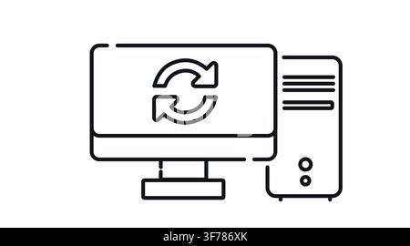 Desktop computer tower and monitor with refresh arrows circle symbol on screen vector icon. Stock Vector
