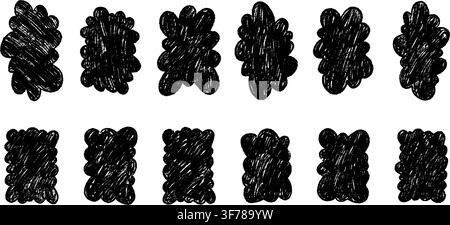 Set of black grunge pencil fluffy cloud shape sketch. Doodle crayon paint brush emo goth tex box drawing. Chalk textured speech bubbles. Childish stic Stock Vector