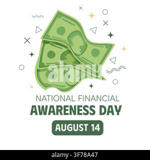 National Financial Awareness Day banner with flying dollar banknotes, money cash illustration for financial literacy concept, savings, budgeting and Stock Vector