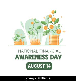 National Financial Awareness Day concept with growing money plants from coins, financial growth, savings investment and wealth management illustration Stock Vector