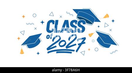 Class of 2027 typography with graduation caps, paper airplanes and confetti. Modern graduation celebration vector illustration. Perfect for graduation Stock Vector