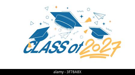 Class of 2027 typography with graduation caps, paper airplanes and confetti. Modern graduation celebration vector illustration. Perfect for graduation Stock Vector
