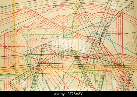 Abstract colorful fashion pattern on paper, drawing sheet with overlapping clothing construction line Stock Photo