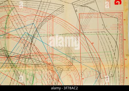 Abstract colorful fashion pattern on paper, drawing sheet with overlapping clothing construction line Stock Photo