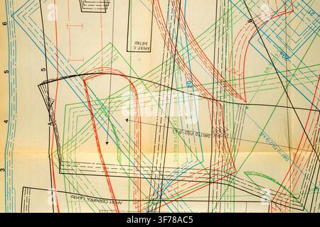 Abstract colorful fashion pattern on paper, drawing sheet with overlapping clothing construction line Stock Photo