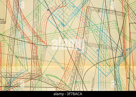 Abstract colorful fashion pattern on paper, drawing sheet with overlapping clothing construction line Stock Photo