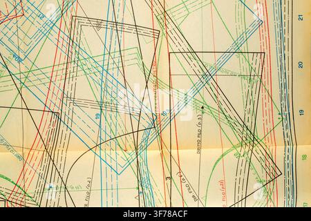 Abstract colorful fashion pattern on paper, drawing sheet with overlapping clothing construction line Stock Photo